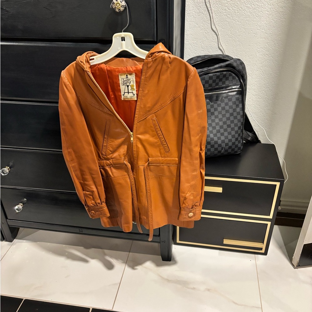 RARE Vintage Camel Genuine Leather Hooded Jacket